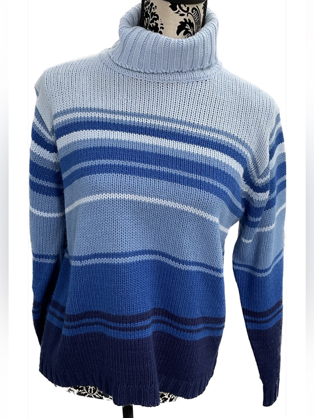 Multi-Striped Blue Turtleneck Sweater.  Size XL